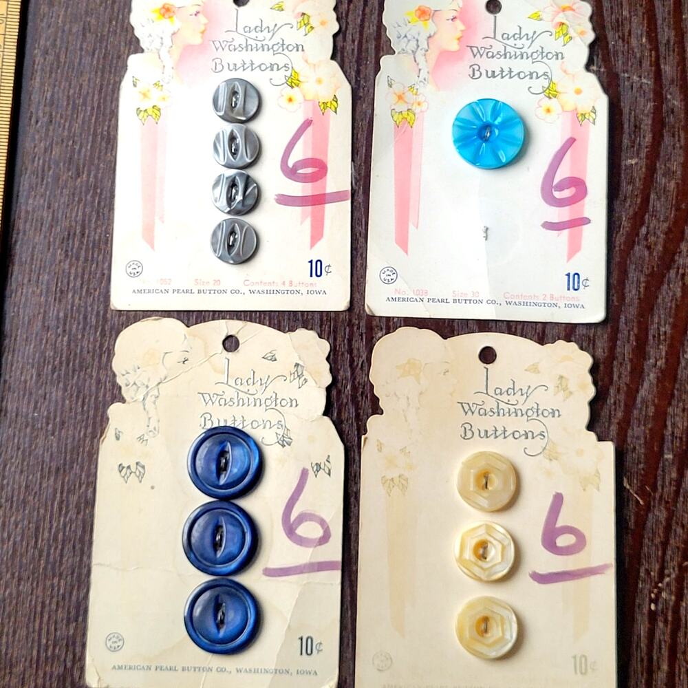 Vintage Lady Washington Button 4 Cards | Gray, Blue, Navy, Cream | Mixed Sizes